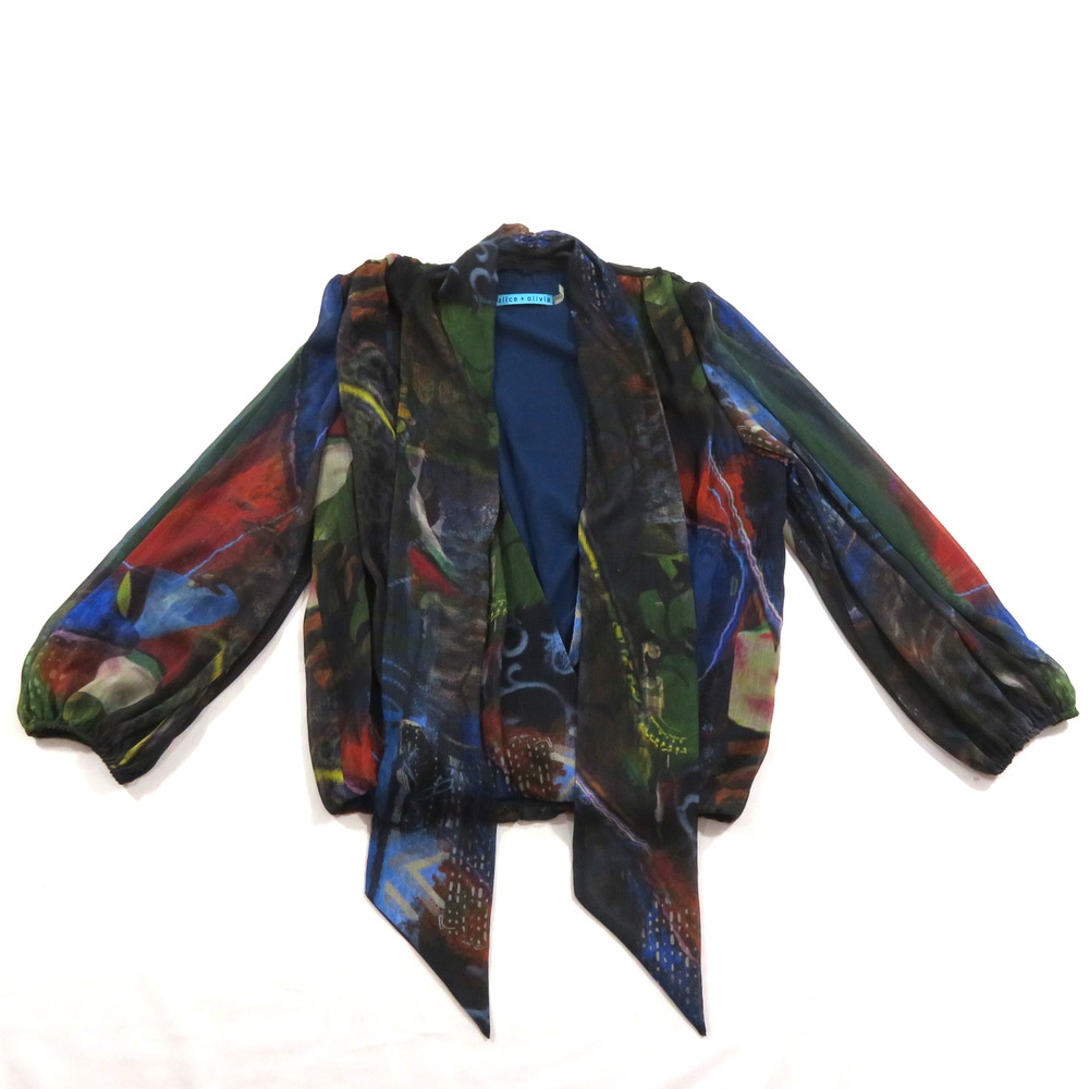 Alice + Olivia Womens Multi Color Abstract Print Silk Cotton Blouse Shirt Top S